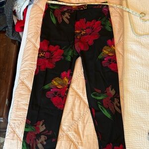 Trina Turk Black Straight-Leg Pants with Red Floral Print